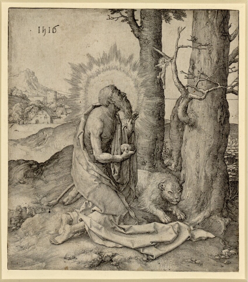 Lucas Hugensz. van Leyden (Leiden 1494 - 1533 Leiden) | Der heilige Hieronymus in der Wüste | Displayed motifs: Lion, Tree, Person, Carnivore, 