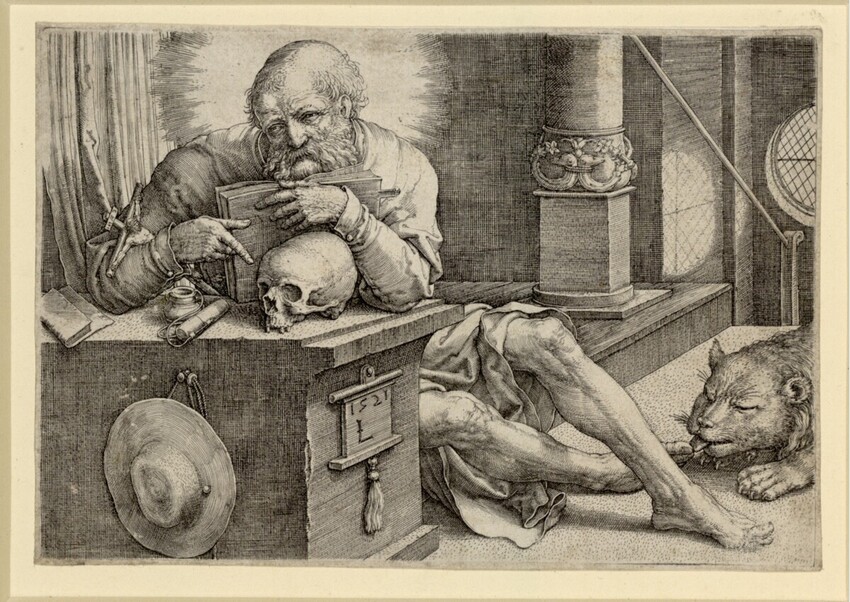 Lucas Hugensz. van Leyden (Leiden 1494 - 1533 Leiden) | Der heilige Hieronymus im Gehäuse | Displayed motifs: Man, Human face, Skull, Person, Clothing, Animal, Carnivore, 