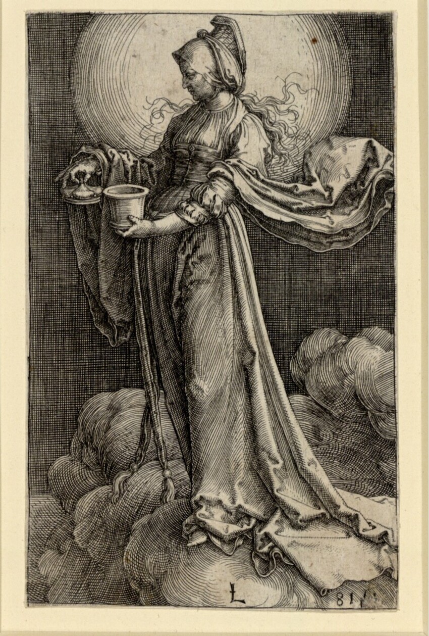 Lucas Hugensz. van Leyden (Leiden 1494 - 1533 Leiden) | Maria Magdalena in den Wolken | Displayed motifs: Drum, Clothing, Human face, Woman, Person, 