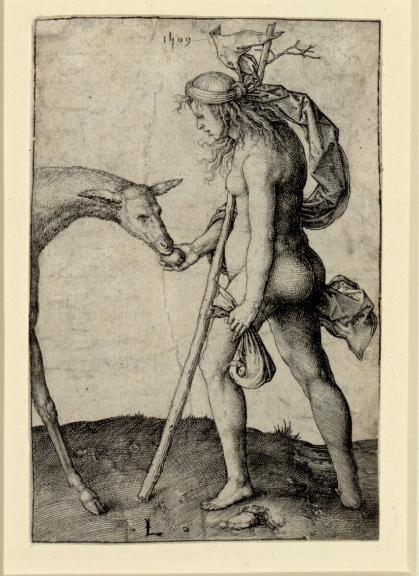 Lucas Hugensz. van Leyden (Leiden 1494 - 1533 Leiden) | Frau mit Hirschkuh | Displayed motifs: Animal, Deer, Woman, Human face, Person, Man, Human arm, 