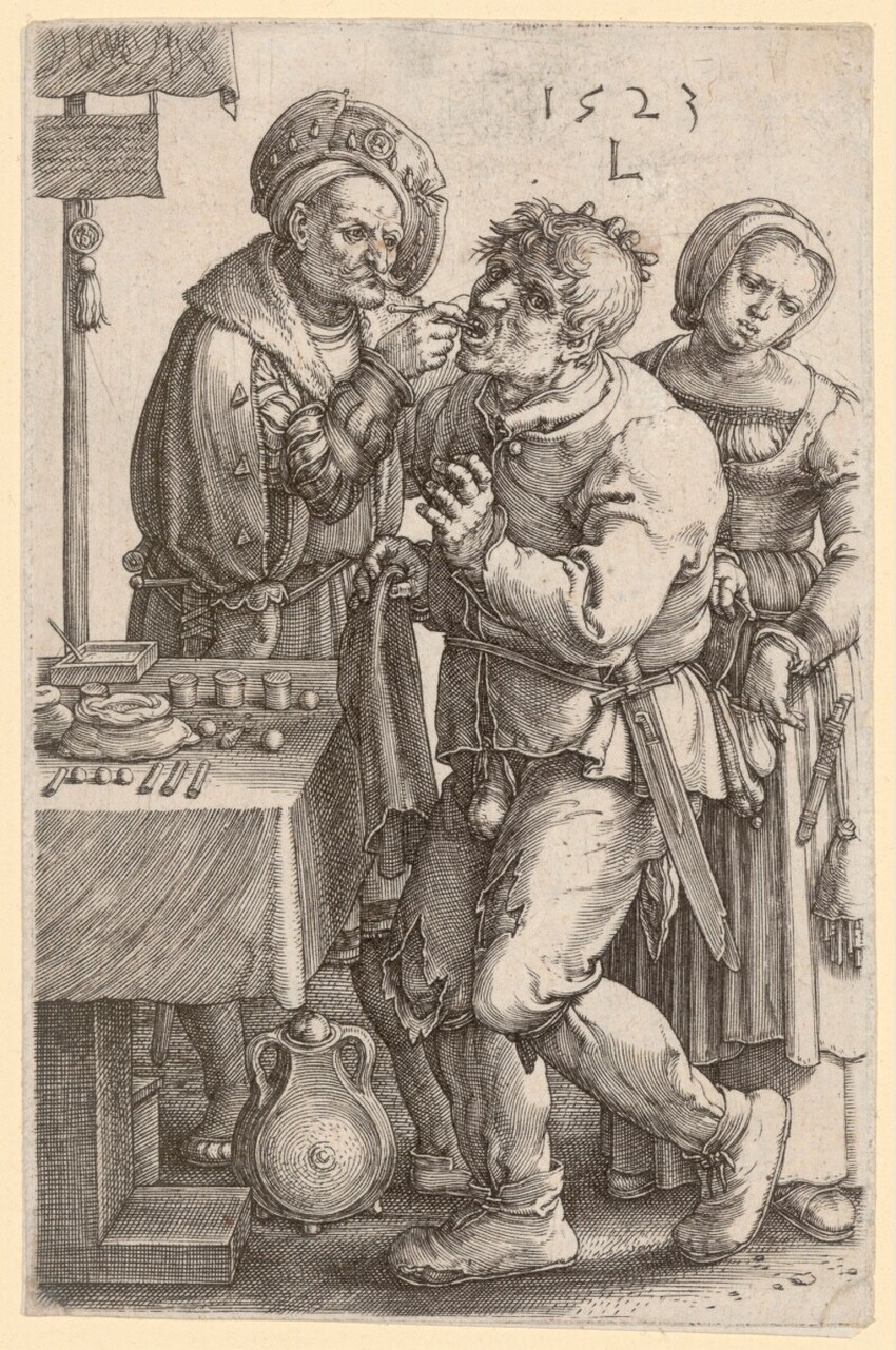 Lucas Hugensz. van Leyden (Leiden 1494 - 1533 Leiden) | Der Zahnarzt | Displayed motifs: Footwear, Human face, Clothing, Man, Jug, Person, Pitcher, 