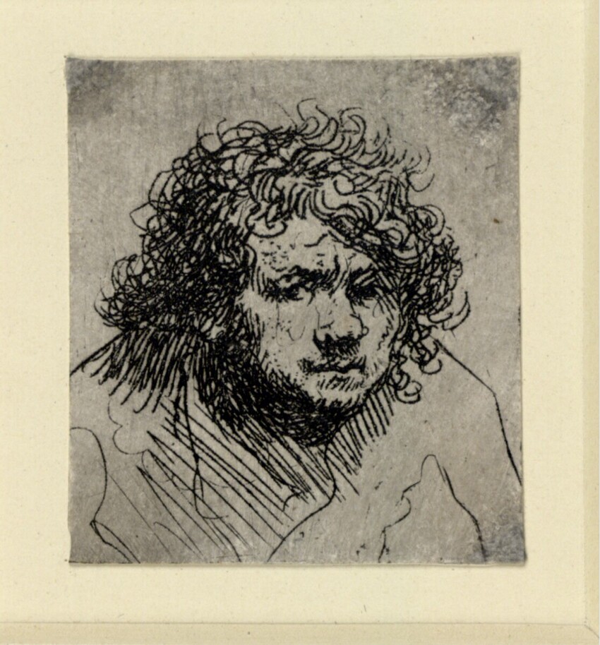 Rembrandt Harmensz. van Rijn (Leiden 1606 - 1669 Amsterdam) | Selbstbildnis, vornübergebeugt | Displayed motifs: Human face, Man, Person, Human hair, 