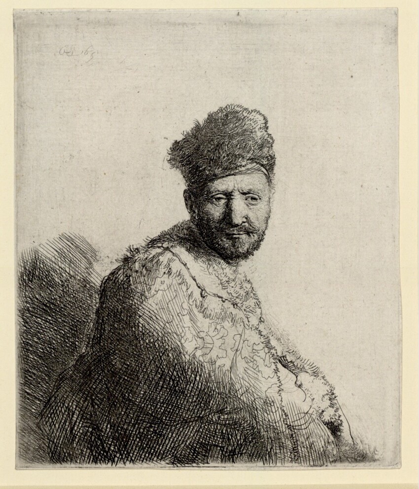 Rembrandt Harmensz. van Rijn (Leiden 1606 - 1669 Amsterdam) | Mann mit kurzem Bart, in gesticktem Pelzmantel | Displayed motifs: Man, Human face, Clothing, 