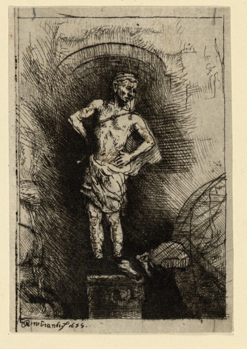 Rembrandt Harmensz. van Rijn (Leiden 1606 - 1669 Amsterdam) | Die Statue, Traumbild Nebukadnezars (Illustration zu Menasse ben Israels "Piedra Gloriosa") | Displayed motifs: Human face, Thorn crown, Person, Man, Human head, 