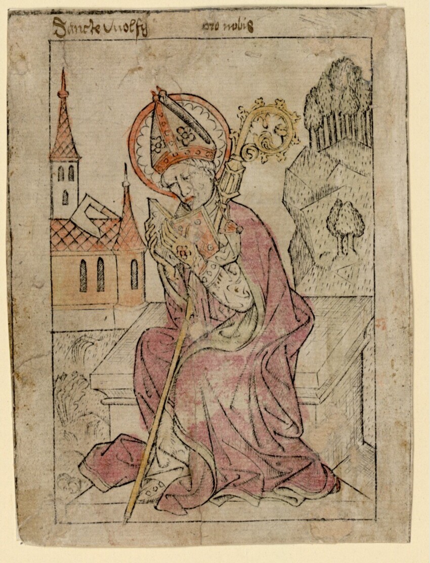 Meister des heiligen Wolfgang (tätig um 1450 in Kloster Mondsee oder in Salzburg) | Der hl. Wolfgang | Displayed motifs: Person, Clothing, Human face, Footwear, 