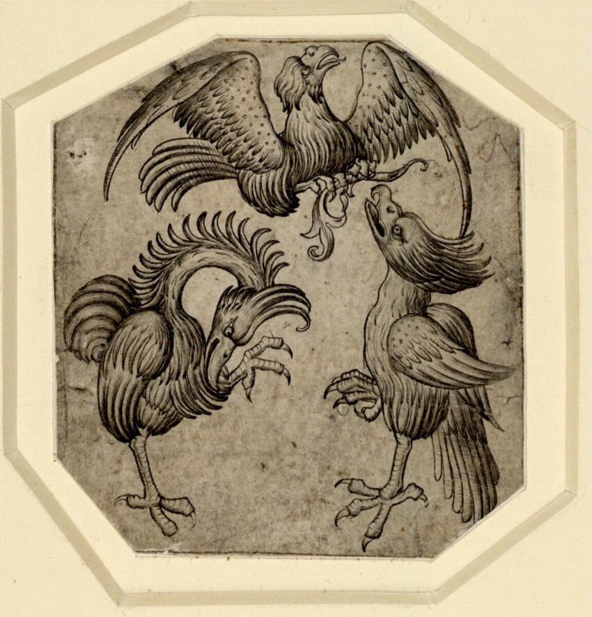 Meister der Berliner Passion (Niederrhein, drittes Viertel des 15. Jahrhunderts) | Ein Adler und zwei chimärische Vögel | Displayed motifs: Bird, Animal, Turkey, 