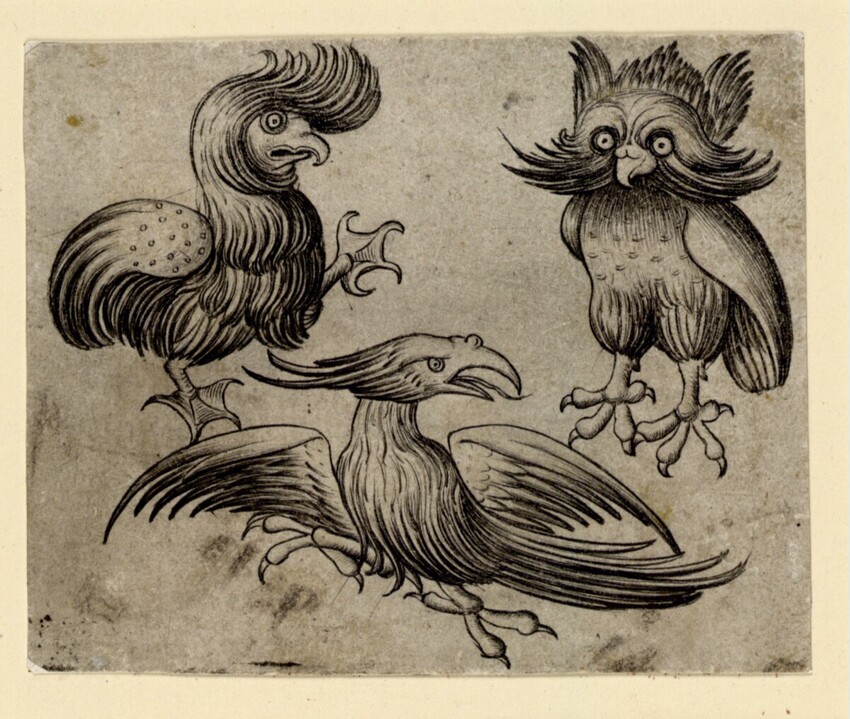 Meister der Berliner Passion (Niederrhein, drittes Viertel des 15. Jahrhunderts) | Drei chimärische Vögel | Displayed motifs: Bird, Owl, Chicken, Animal, 