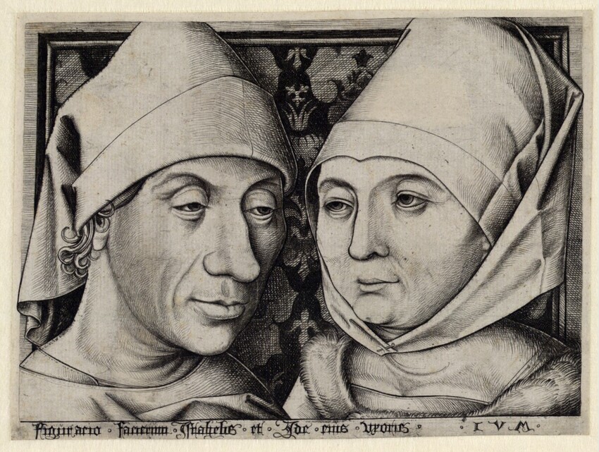 Israhel van Meckenem (um 1440/1445 - 1503 Bocholt) | Doppelbildnis des Israhel van Meckenem und seiner Frau Ida | Displayed motifs: Human face, Man, Clothing, Person, 