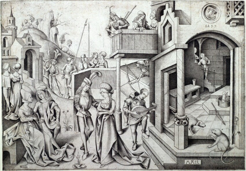 Nikolaus Alexander Mair von Landshut (tätig in Freising und Landshut, gestorben 1520) | Die Todesstunde | Displayed motifs: Monkey, Clothing, Man, Woman, Person, 