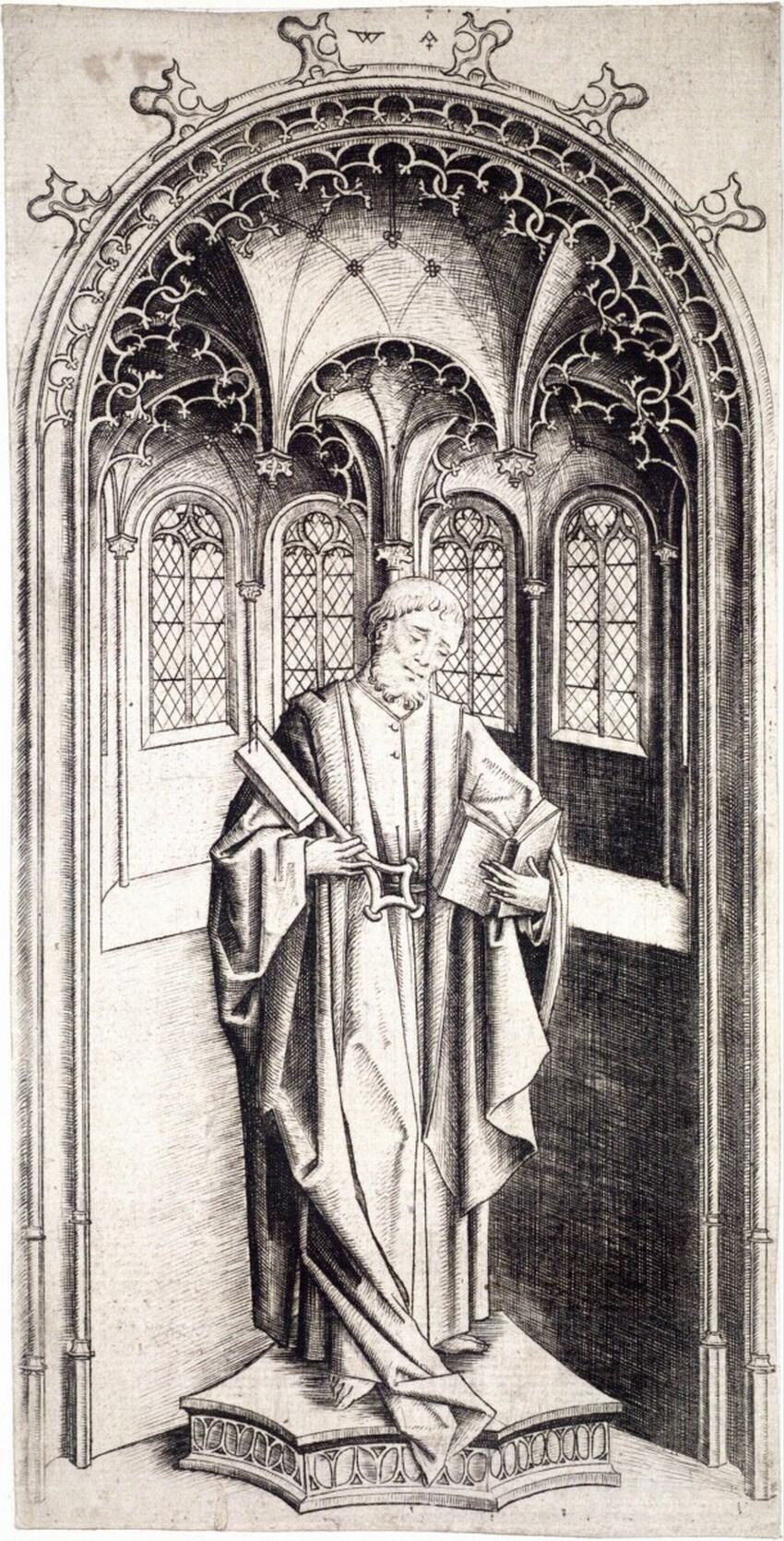 Meister WA (östliche Niederlande, tätig 1465 - 1490) | Hl. Petrus | Displayed motifs: Clothing, Person, Window, Human face, Man, 
