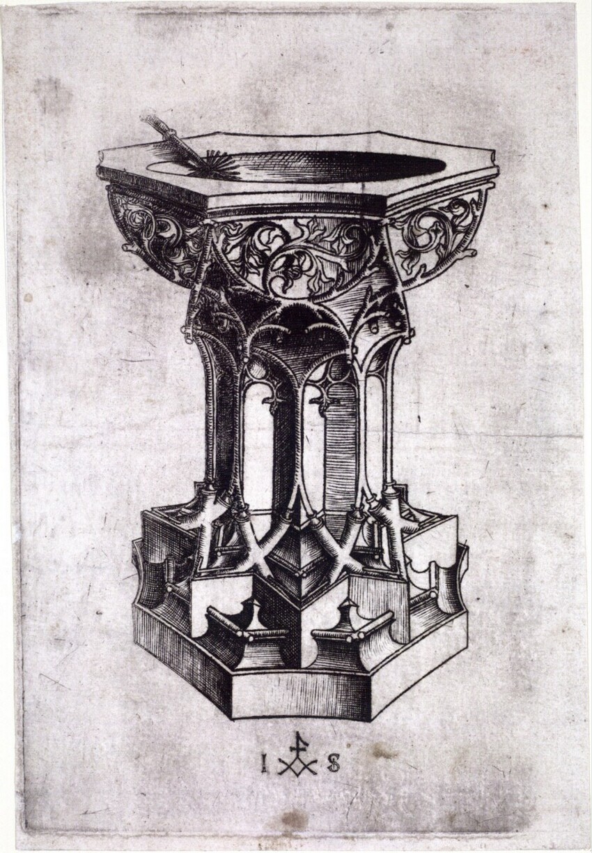 Jörg Syrlin d. J. (Ulm um 1455-1521 Ulm) | Ein Weihwasserbecken | Displayed motifs: Lamp, 