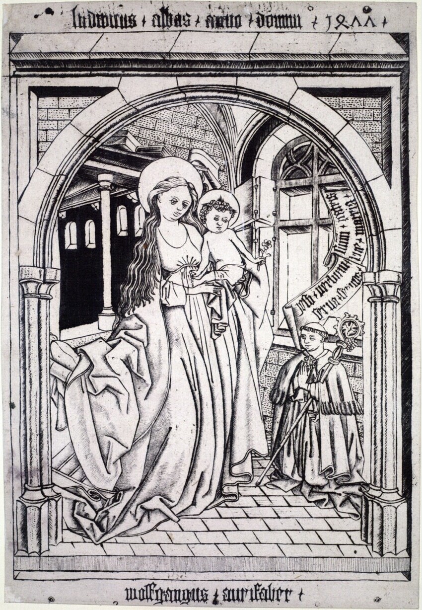 Wolfgang Aurifaber (tätig 1477 in Churwalden) | Maria mit dem Kind und kniender Abt (Ludwig von Churwalden) | Displayed motifs: Clothing, Human face, Woman, Person, 