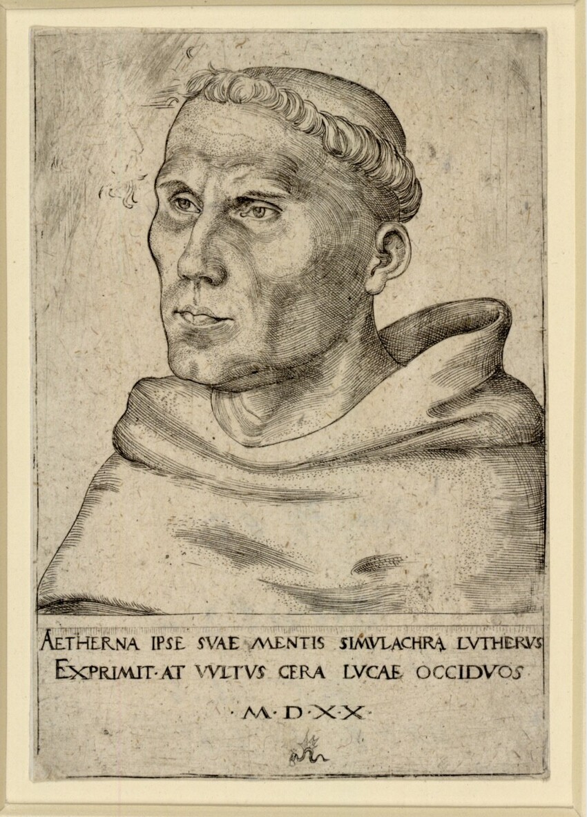 Lucas Cranach d. Ä. (Kronach 1472 - 1553 Weimar) | Martin Luther als Augustinermönch | Displayed motifs: Human face, Man, Clothing, Person, 