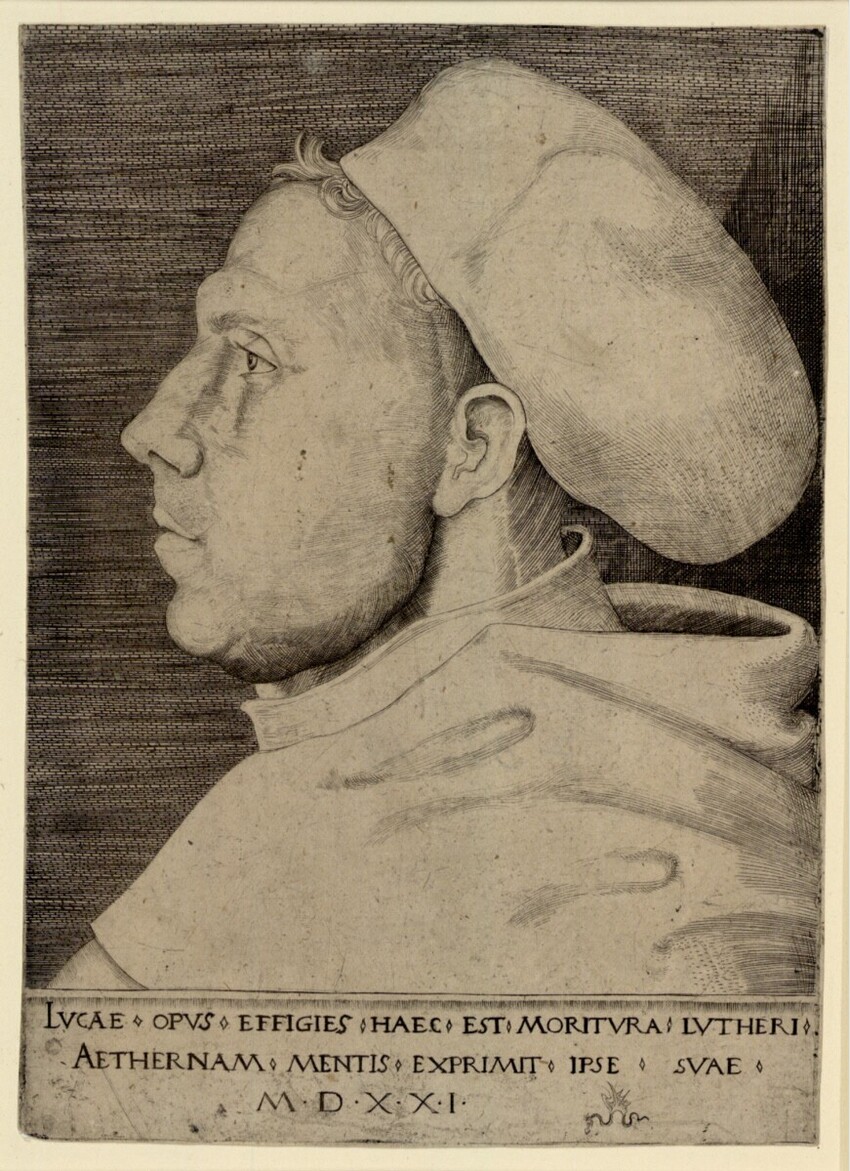 Lucas Cranach d. Ä. (Kronach 1472 - 1553 Weimar) | Martin Luther im Profil mit Doktorhut | Displayed motifs: Human face, Person, Human ear, Man, Woman, 