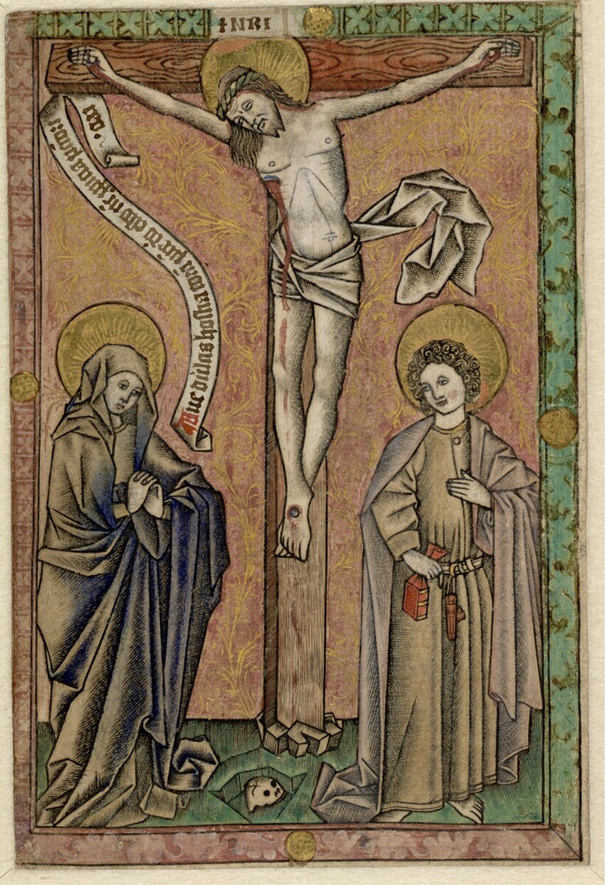 Meister des heiligen Erasmus (tätig um 1450-1470 am Niederrhein) | Christus am Kreuz mit Maria und Johannes | Displayed motifs: Clothing, Person, Human face, 