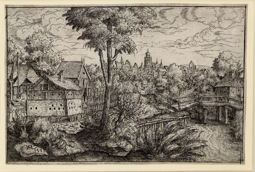 Hans Lautensack (Bamberg um 1520 - um 1565 Wien) | Landschaft mit einem Gehöft im Vordergrund | Displayed motifs: Tree, House, Fish, 