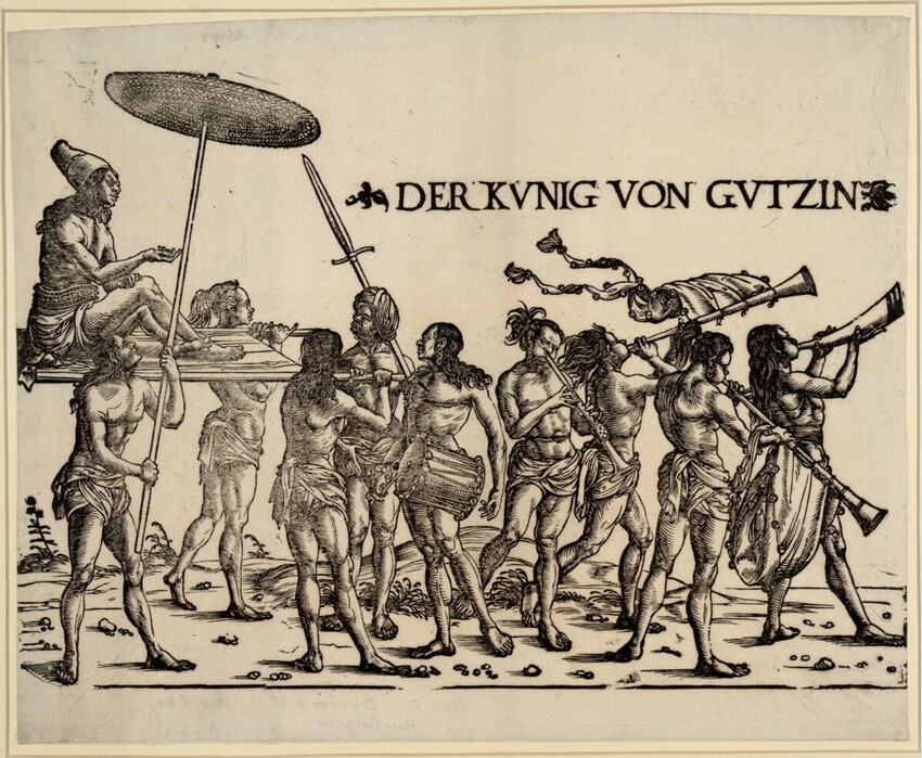 Hans Burgkmair d. Ä. (Augsburg 1473 - 1531 Augsburg) | Der König von Gutzin mit Gefolge: Die Königssänfte (rechte Hälfte) | Displayed motifs: Man, Clothing, Umbrella, Person, Woman, 