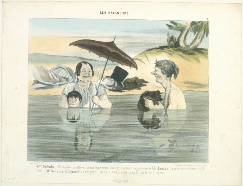 Honoré Daumier (Marseille 1808 - 1879 Valmondois) | Mme. Greluche: Oh Gustave, qu'elle est bonne!... | Displayed motifs: Umbrella, Human face, Woman, Clothing, Person, 