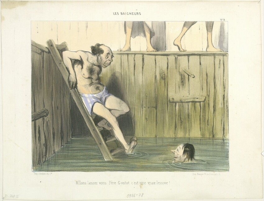 Honoré Daumier (Marseille 1808 - 1879 Valmondois) | Allons lancez vous Père Goutot... | Displayed motifs: Man, Clothing, Footwear, Human leg, Human face, Shorts, 