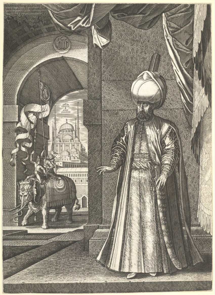Melchior Lorch (Flensburg um 1527 - nach 1583 Kopenhagen, Rom oder Hamburg) | Sultan Suleiman I., stehend | Displayed motifs: Clothing, Dress, Person, Animal, Human face, Mammal, 