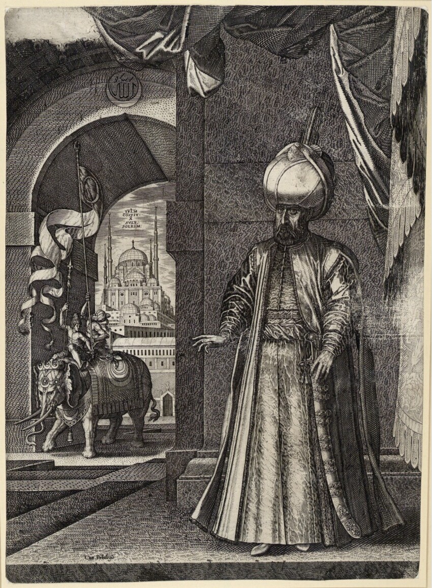 Melchior Lorch (Flensburg um 1527 - nach 1583 Kopenhagen, Rom oder Hamburg) | Sultan Suleiman I., stehend | Displayed motifs: Clothing, Dress, Person, Animal, 