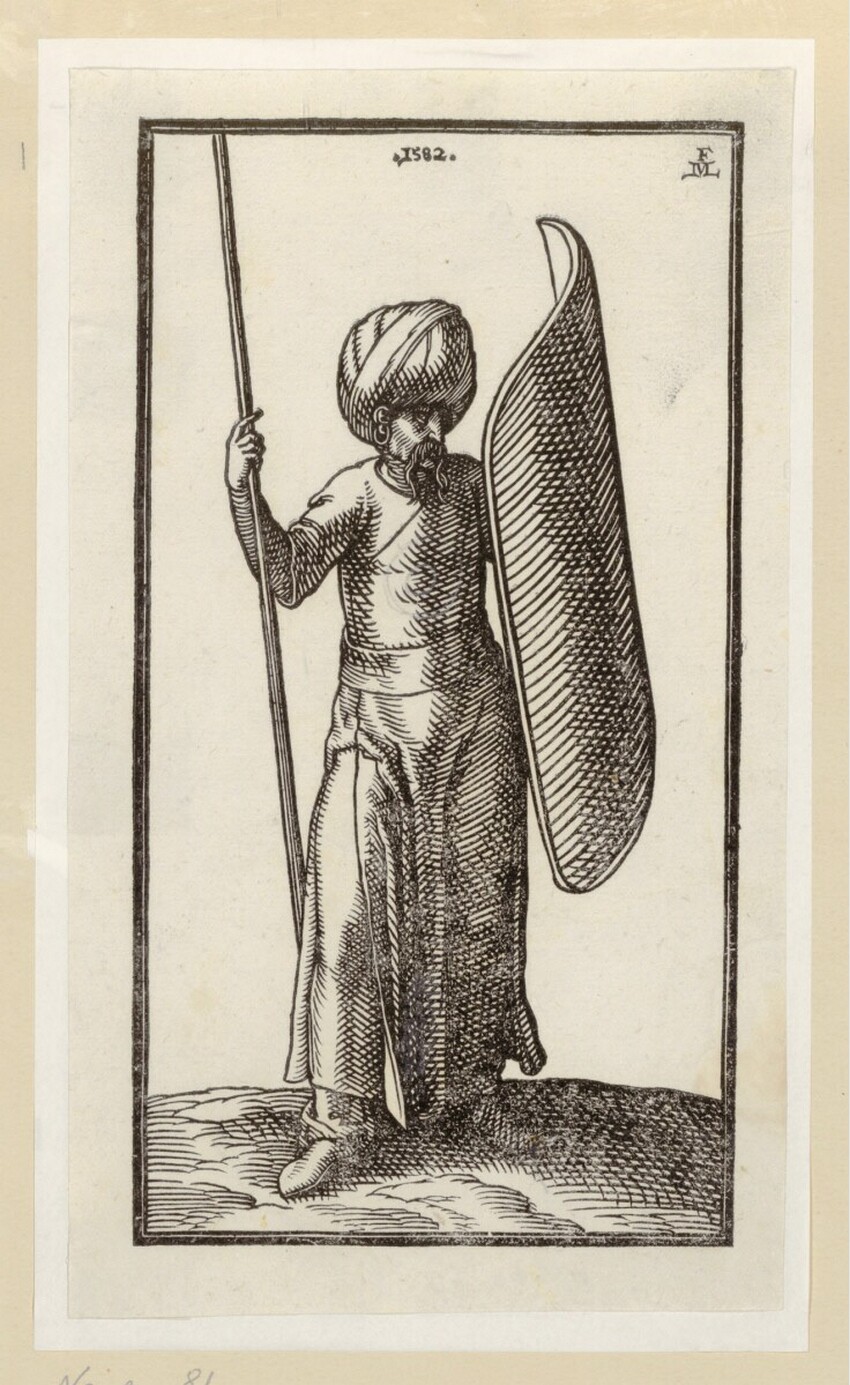 Melchior Lorch (Flensburg um 1527 - nach 1583 Kopenhagen, Rom oder Hamburg) | Ein Soldat mit Schild und Lanze | Displayed motifs: Person, Human face, Fish, Clothing, Human head, 