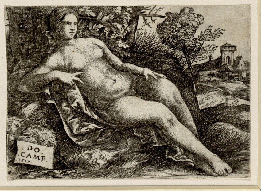 Domenico Campagnola ((Venedig?) um 1500 - 1564 Padua) | Ruhende Venus in einer Landschaft | Displayed motifs: Human face, Woman, Tree, Human leg, Footwear, Man, Person, 