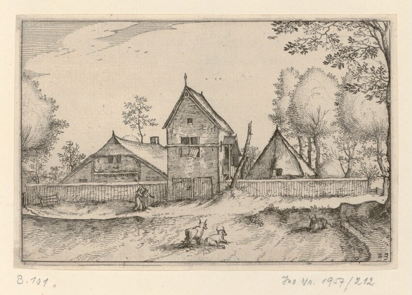 Anonym | Landschaften: Großer Bauernhof mit Mauer | Displayed motifs: House, Tree, Animal, 