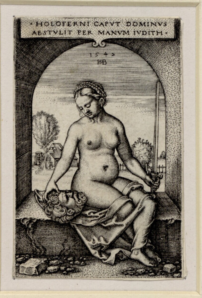 Sebald Beham (Nürnberg 1500 - 1550 Frankfurt am Main) | Judith im Fensterbogen sitzend | Displayed motifs: Human face, Clothing, Man, Woman, Tree, Person, Human hair, 