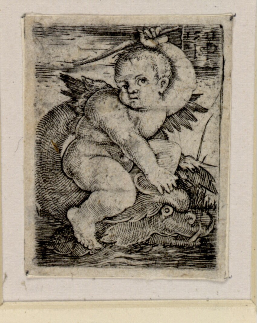 Sebald Beham (Nürnberg 1500 - 1550 Frankfurt am Main) | Genius auf einem Delphin | Displayed motifs: Human face, Person, 