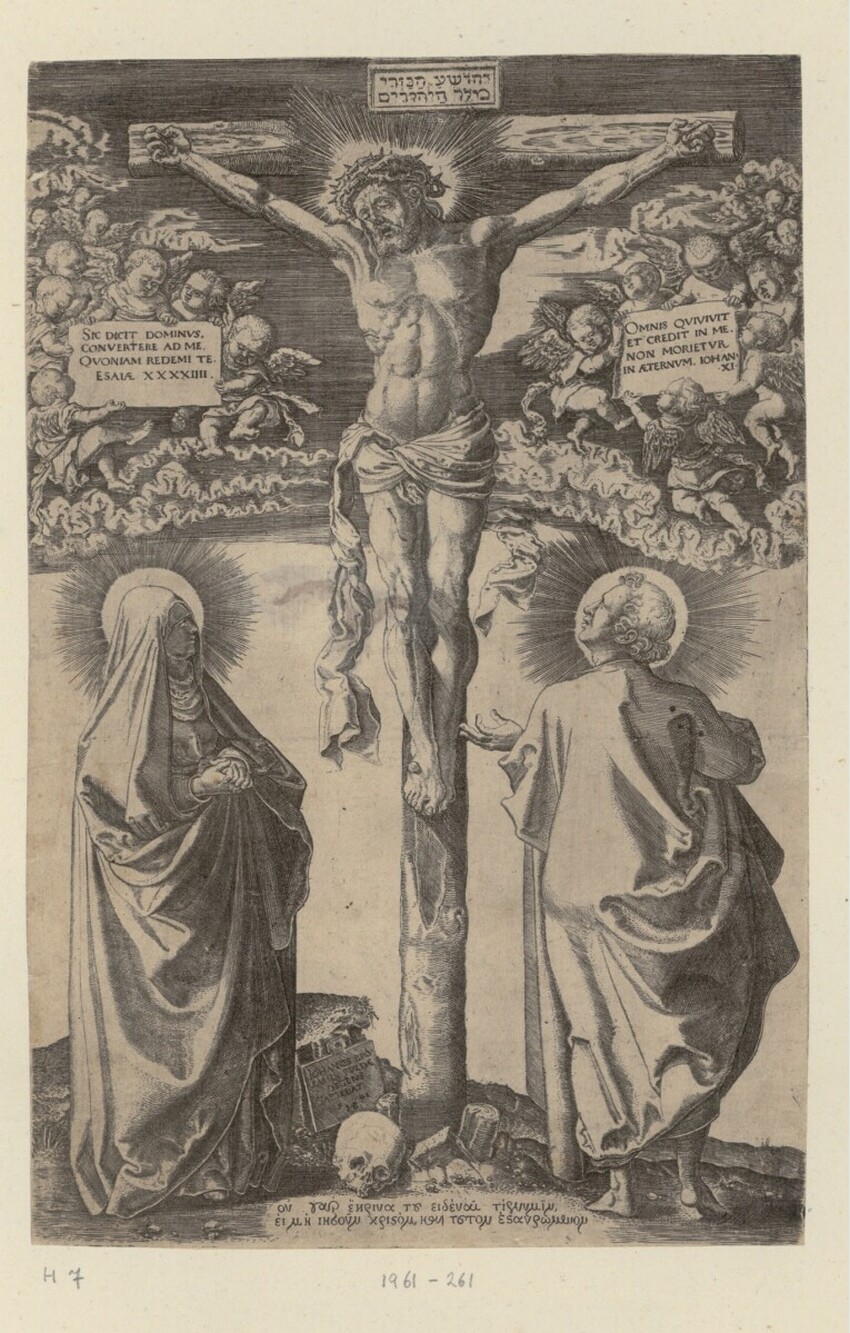 Hans Brosamer (Fulda ca. 1495 - ca. 1554 Erfurt) | Christus am Kreuz | Displayed motifs: Clothing, Person, Human face, Skull, Woman, 