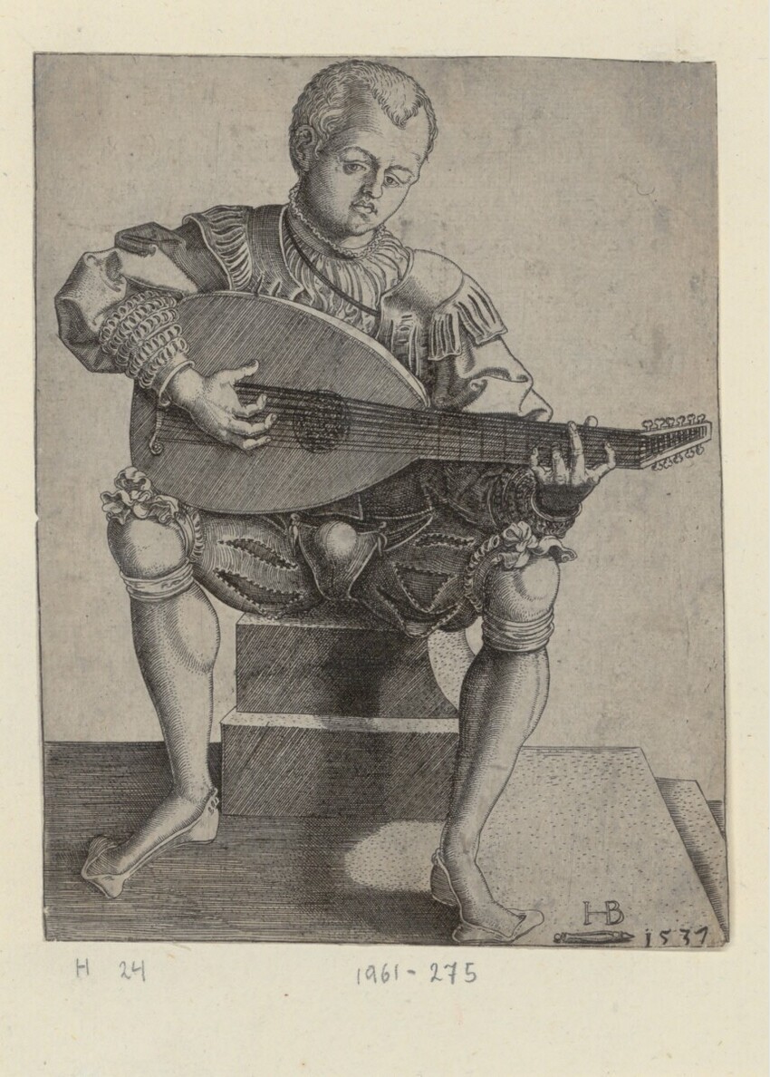 Hans Brosamer (Fulda ca. 1495 - ca. 1554 Erfurt) | Der Lautenspieler | Displayed motifs: Man, Guitar, Human face, Footwear, Clothing, Person, 