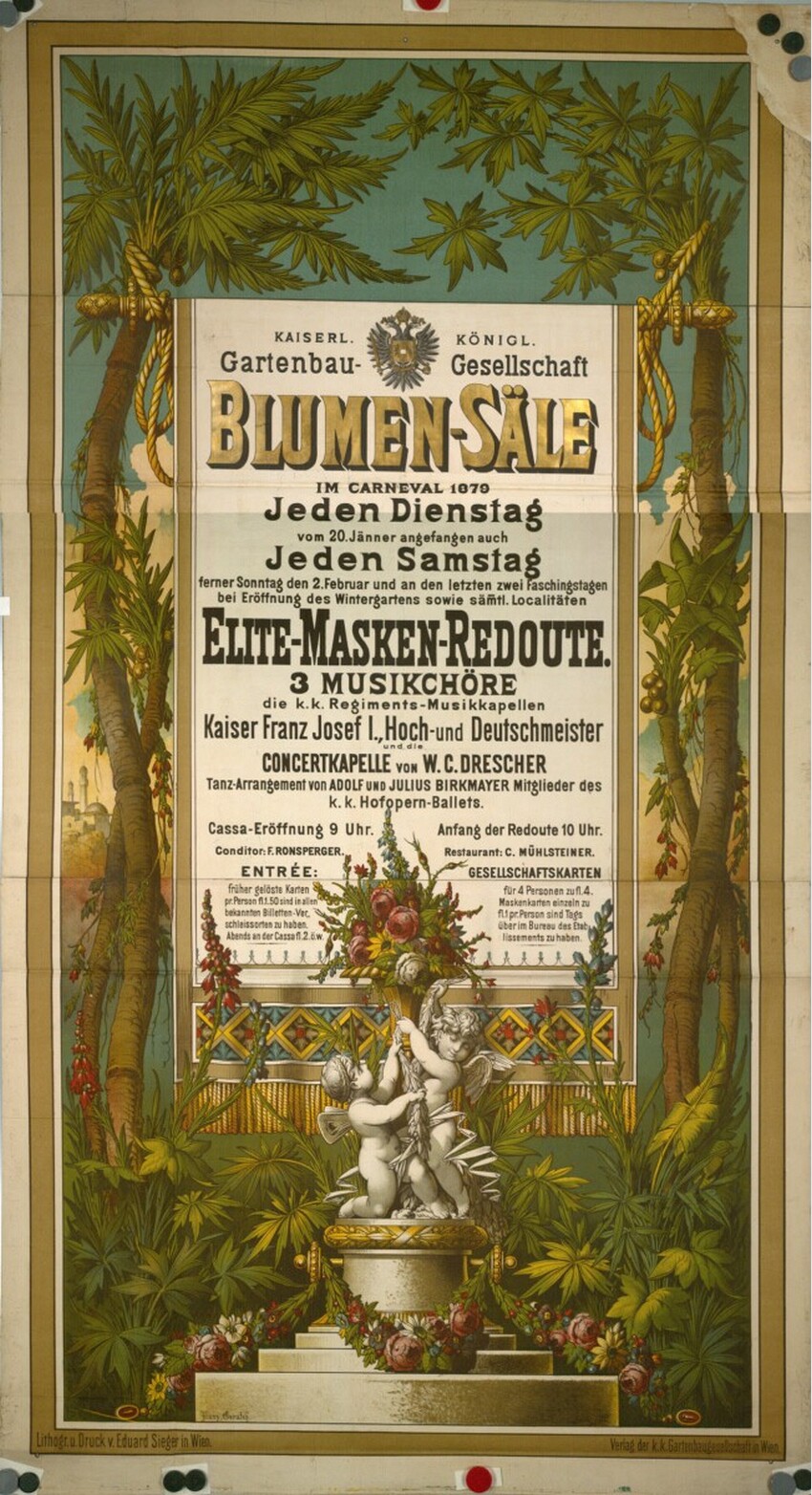 Franz Gerasch (Wien 1826 - 1906 Wien) | KAISERL. KÖNIGL. GARTENBAUGESELLSCHAFT; BLUMEN-SÄLE IM CARNEVAL 1879 | Displayed motifs: Tree, Flowerpot, Plant, Person, 