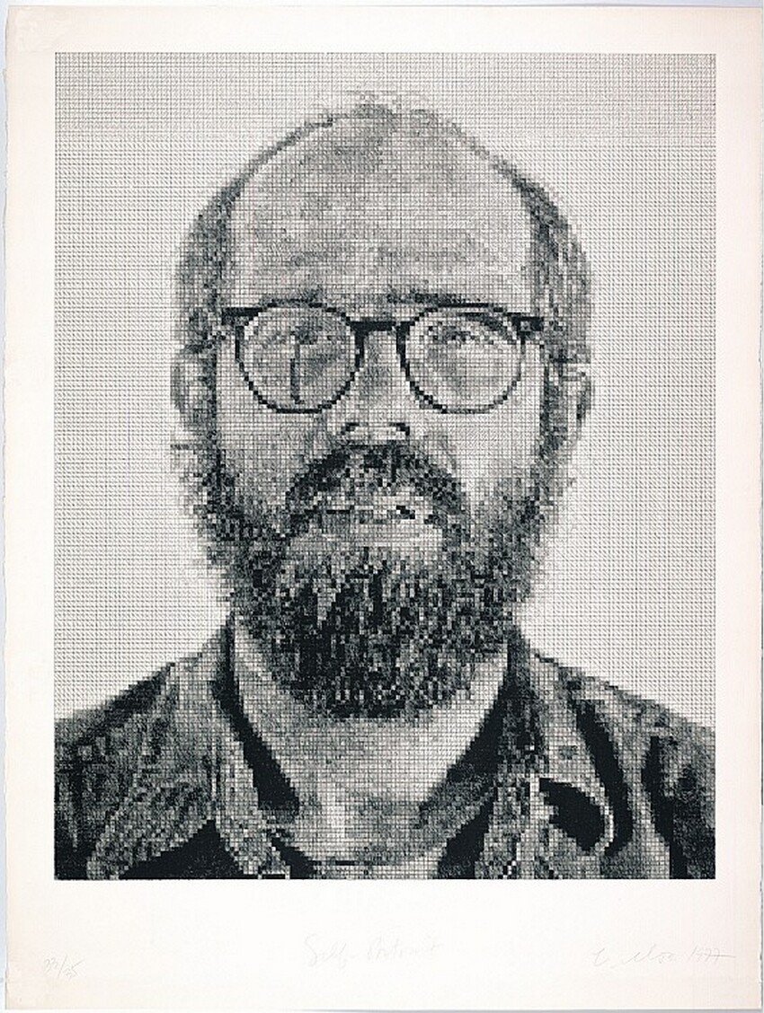 Chuck Close (Monroe 1940 - 2021 Oceanside) | Self Portrait | Displayed motifs: Human face, Glasses, Man, Clothing, Human beard, Human nose, 