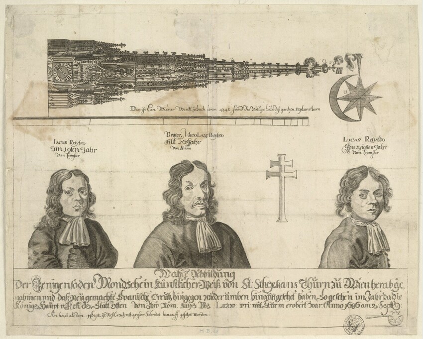 Anonym | Wahr Abbildung Der Jenigen so den Mondschein künstlicher Weiß von St. Stephans Thurn zu Wien herabgenommen ... | Displayed motifs: Human face, Man, Clothing, Woman, Weapon, Person, 