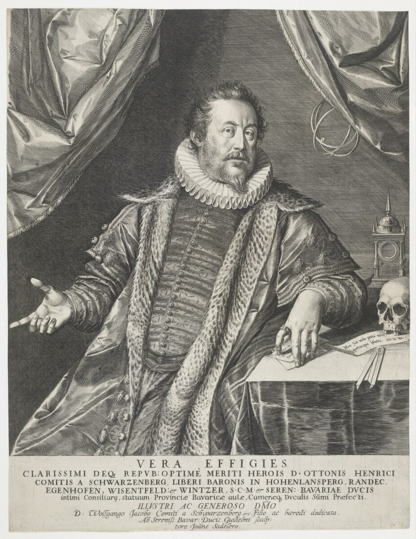 Johann Sadeler d. Ä. (Brüssel 1550 - 1600 Venedig) | Otto Heinrich von Schwarzenberg | Displayed motifs: Skull, Human face, Man, Clothing, 