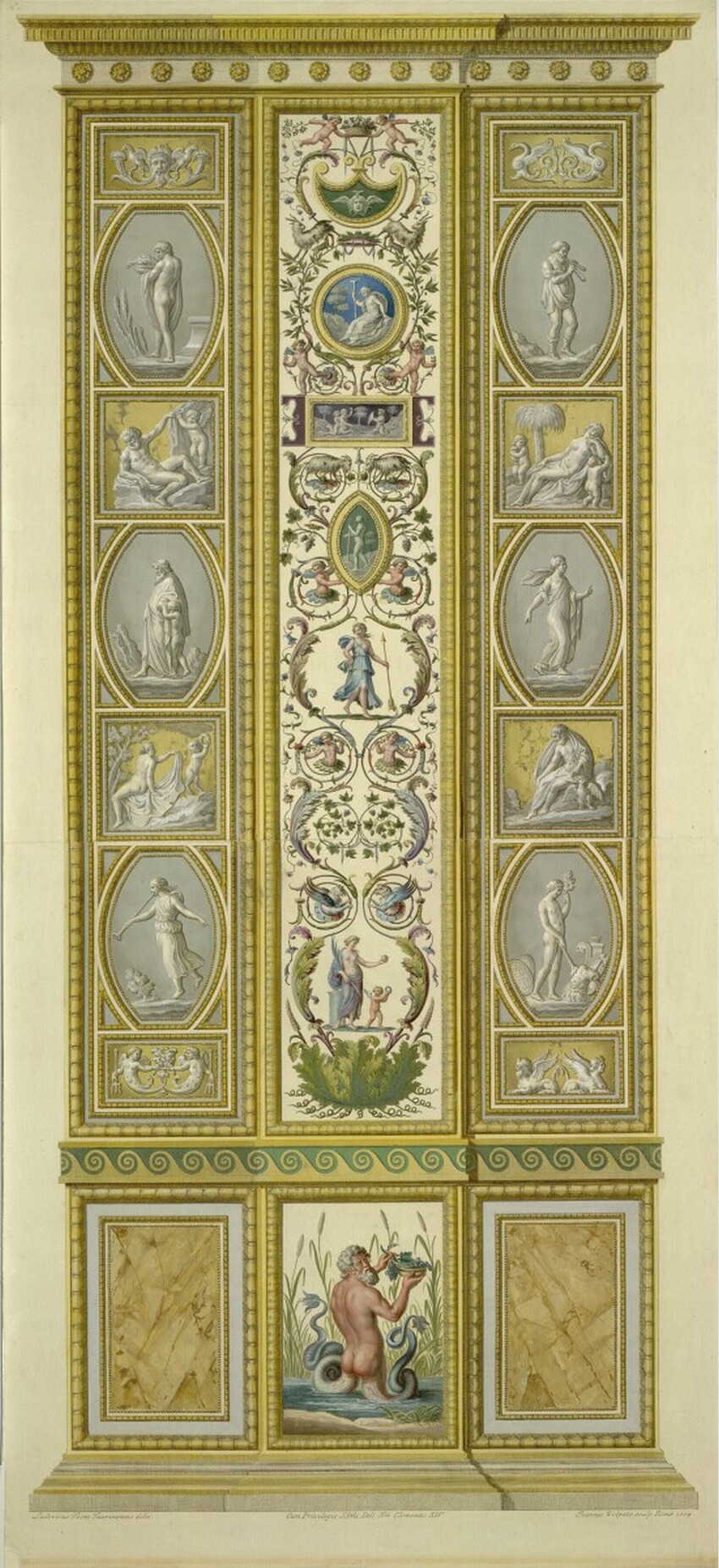 After Ludovico Teseo (Italien, 1731 - 1782) | Loggien des Raphael im Vatikan: Pilastro V. B, esterno (Flussgott) | Displayed motifs: Person, Plant, Clothing, 