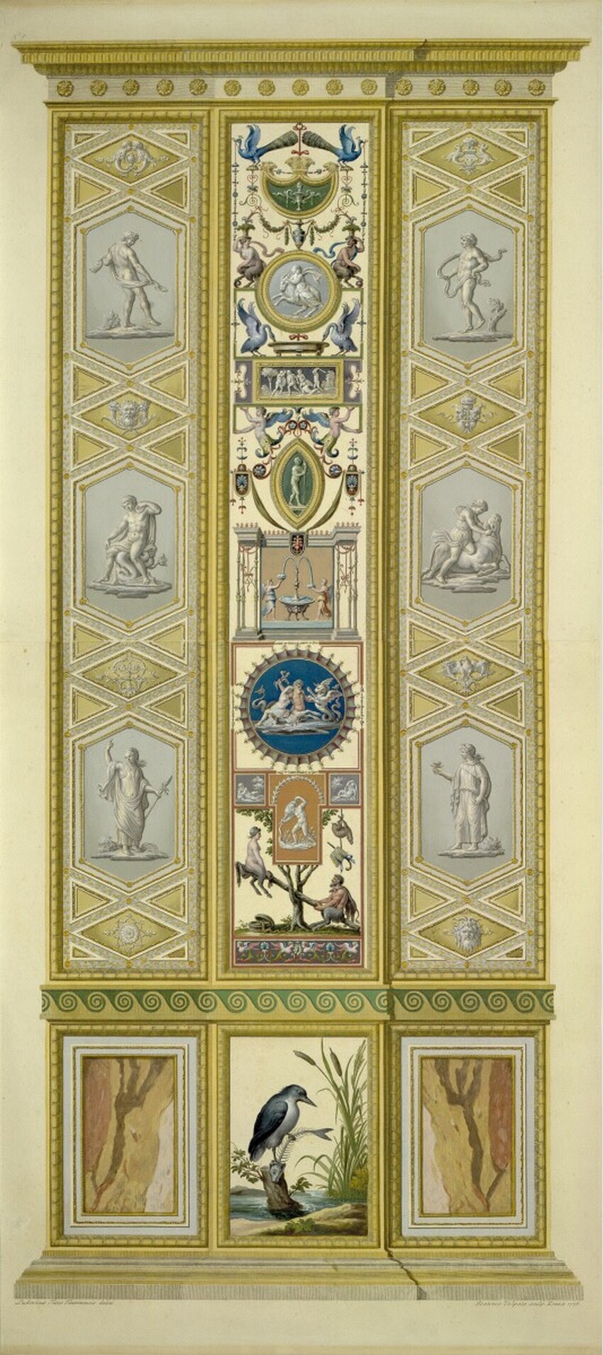 After Ludovico Teseo (Italien, 1731 - 1782) | Loggien des Raphael im Vatikan: Pilastro VIII. B, esterno (Eisvogel) | Displayed motifs: Bird, Person, Plant, Building, 