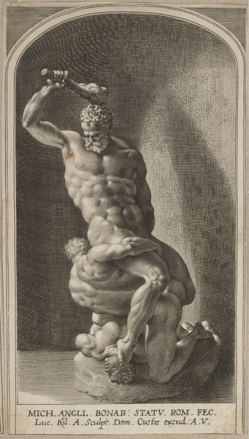 After Michelangelo Buonarroti (Caprese 1475 - 1564 Rom) | Herkules erschlägt Cacus | Displayed motifs: Person, Human head, Human face, 
