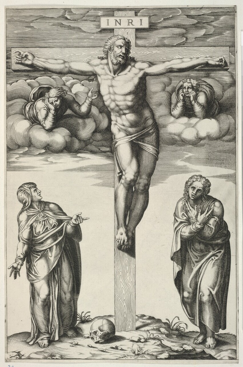 After Michelangelo Buonarroti (Caprese 1475 - 1564 Rom) | Christus am Kreuz mit den Heiligen Maria und Johannes | Displayed motifs: Skull, Man, Clothing, Human face, Person, 