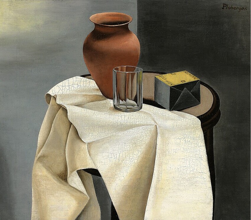 Herbert Ploberger (Wels 1902 - 1977 München) | Stillleben | Displayed motifs: Vase, Coat of arms, Clothing, Drink, Person, Tableware, 