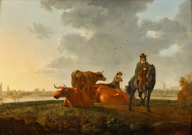 Albert Jacobsz Cuyp | Weide am Fluss | Displayed motifs: Person, Horse, Cattle, Bull, 