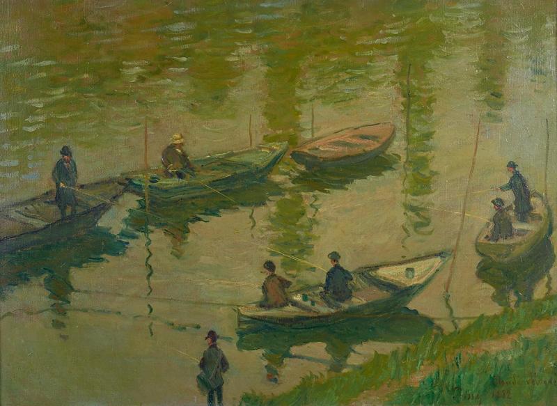 Claude Monet | Angler auf der Seine bei Poissy | Displayed motifs: Person, Boat, Canoe, Vehicle, 