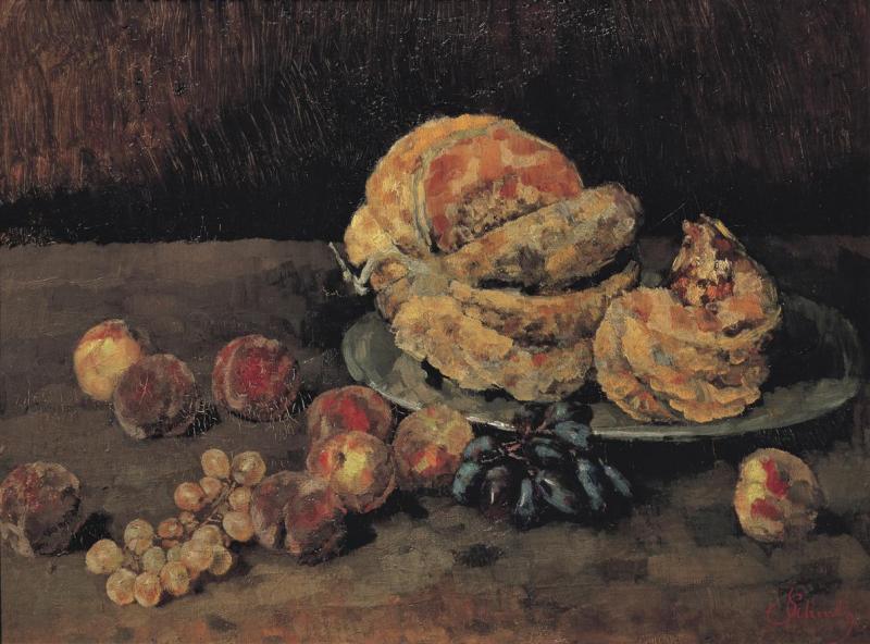 Carl Schuch | Stillleben mit Kürbis, Pfirsich und Weintrauben | Displayed motifs: Food, White dove, Fruit, 