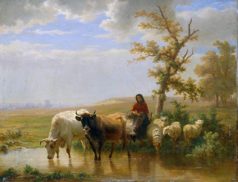 Edmond Jean-Baptiste Tschaggeny | Kühe und Schafe | Displayed motifs: Cattle, Tree, Person, Sheep, 