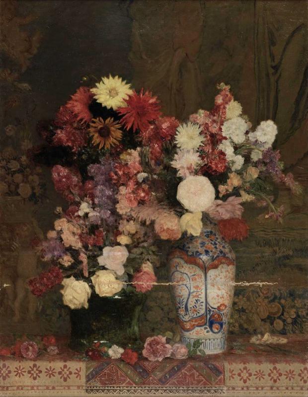 Franz Rumpler | Herbstblumen mit Vase | Displayed motifs: Vase, Flower, Rose, Houseplant, Putto, 