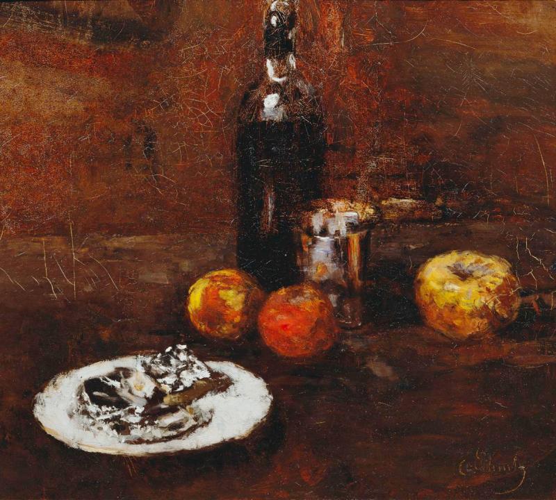 Carl Schuch | Stillleben mit drei Äpfeln und Käse in Staniol | Displayed motifs: Person, Pumpkin, Clothing, Fruit, 