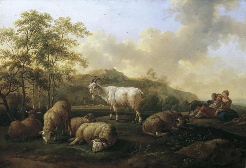 Joseph Roos d. Ä. | Landschaft mit weidendem Vieh | Displayed motifs: Sheep, Animal, Tree, Goat, Mammal, Woman, 