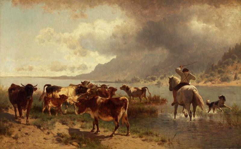 Conrad Bühlmayer | Rinderherde an einem Seeufer | Displayed motifs: Cattle, Dog, Horse, Person, Bull, 