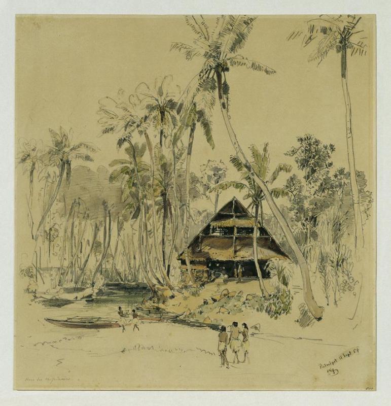 Joseph Selleny | Das Haus des Missionars auf der Insel Puinipet (Ponape), Caroline Islands | Displayed motifs: Crucifixion, Palm tree, Latin cross, Tree, House, 